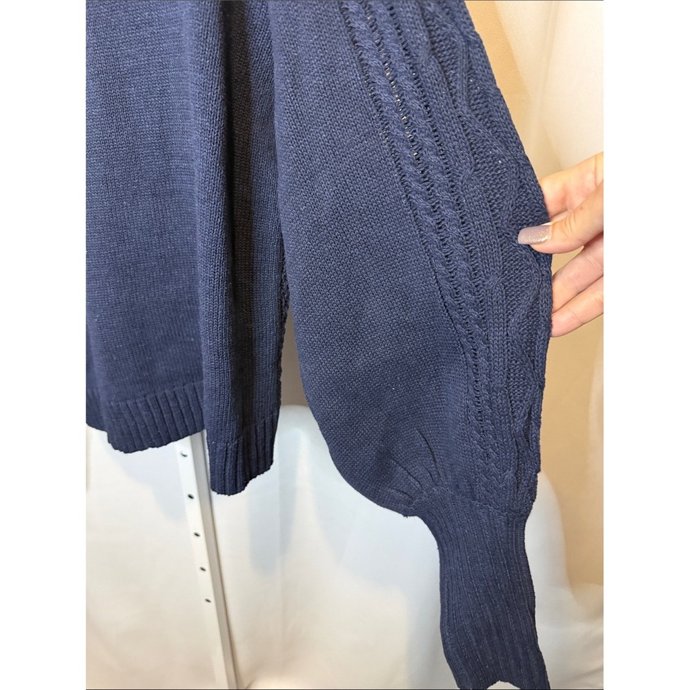 Navy Blue Cable Knit Mock Neck Balloon Sleeve Sweater Large Cotton Blend - Picture 5 of 6
